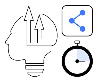 Okları olan insan kafası fikirleri sembolize eder, bağlantı simgesini paylaşır, zaman kronometresi kullanır. Yaratıcılık, yenilik, takım çalışması, zaman tasarrufu, üretkenlik, teknoloji sade iniş sayfası için ideal