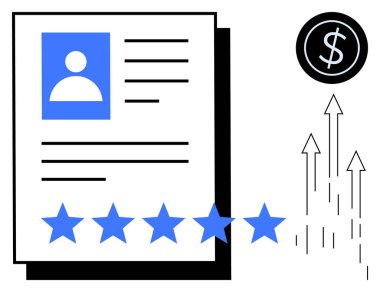 Vesikalık resim ikonu, metin satırları, mavi yıldız reytingleri, dolar paraları ve büyüme oklarıyla profil oluşturmaya devam edin. Kariyer gelişimi, askere alma, değerlendirme, gelir artışı performansı performansı için ideal