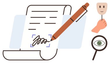 Dijital imzalı belge, gözündeki büyüteç ve elindeki maske. Kimlik doğrulama, belge doğrulama, gizlilik, güvenlik, dijital iş akışı, uyum elektronik