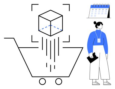 3 boyutlu küp taranan bir alışveriş arabası, elinde bir pano ve takvim tutan bir iş kadını. E-ticaret, lojistik, planlama, envanter, nakliye tedarik zinciri tüketicisi davranışı için idealdir. Basit.
