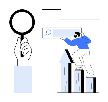 Arama çubuğuna tırmanan kişi, el ele tutuşan büyüteç keşif, gelişme ve bilgiyi simgeliyor. Araştırma, SEO, ilerleme, analiz, keşif stratejisi için idealdir.