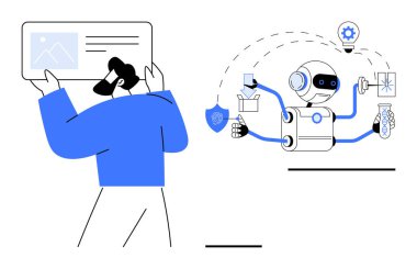 İnsan, birden fazla görev yapan kollar tarafından tasvir edilen robot otomatikleştirme süreçleriyle meşgul olur. Teknoloji, yapay zeka, yenilik kavramları, robotik, takım işbirliği, verimlilik için ideal