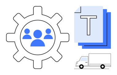 İnsan simgesi, yığın halinde belgeler ve dağıtım kamyonu takım çalışması, kaynak paylaşımı, dağıtım, lojistik ve işlem yönetimini temsil ediyor. İş ve teknoloji lojistiği için ideal