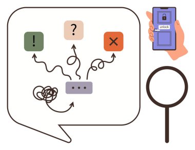 Karışık yolları olan konuşma balonu sembollerle işaretlenmiş kararlara götürür, ekranı açan akıllı telefon, büyüteç. Sorun çözme, seçenekler, iletişim, analiz, güvenlik için ideal