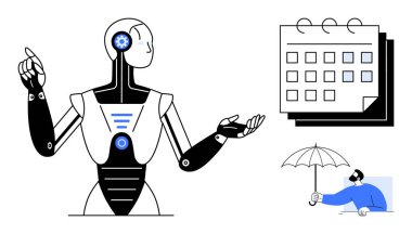 İnsansı yapay zeka robotu takvim ve şemsiye tutuş figürüne yakın duruyor. Teknoloji, otomasyon, programlama, problem çözme, koruma, yenilik ve verimlilik temaları için ideal. Basit düz