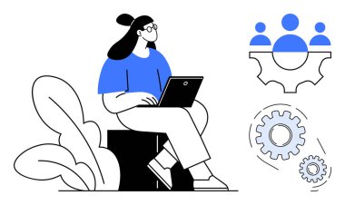 Yaprakların yanında otururken dizüstü bilgisayar kullanan biri. Ekip çalışması, teknoloji, işbirliği, yenilik, iş akışı ve verimliliği yansıtan ekipler. Modern, basit düz