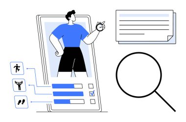 Form takip cihazlı akıllı telefon ekranı, aktivite simgeleri, ilerleme çubukları, kontrol listesi, büyüteç ve notlar. Fitness, hedef belirleme, teknoloji analitik organizasyonu için ideal
