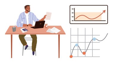 Masasında dizüstü bilgisayarlı ve belgeli bir adam oturuyor. Grafik çizelgeleri yükseliyor. İş, analitik, strateji, büyüme, takım çalışması, finans eğitimi için ideal. Basit düz metafor