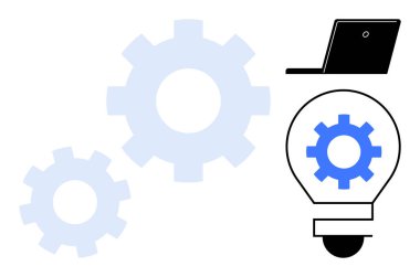 Bir ampul ve dizüstü bilgisayarla bağlantılı dişliler teknolojiyi, takım çalışmasını, yeniliği ve üretkenliği vurguluyor. Takım çalışması, problem çözme, yaratıcılık, strateji beyin fırtınası iş akışı için idealdir. A
