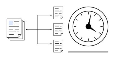 Belgeler, analog bir saatin yanındaki oklarla bireysel dosyalara akıyor. Üretkenlik, zaman yönetimi, verimlilik, iş akışı, veri işleme, organizasyon için ideal, basit düz metafor