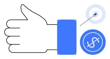 Baş parmak hareketi, dolar işareti ve hedefin finansal başarıyı, başarıyı ve onayı görselleştirmesi. İş, finans, motivasyon stratejisi, pazarlama hedefleri için idealdir. Temiz