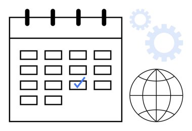Görev yönetimi, uluslararası işbirliği ve iş akışı optimizasyonunu vurgulayan işaretli, küresel ve vitesli takvim ızgarası. Üretkenlik, zaman yönetimi, planlama, takım çalışması için ideal