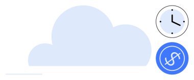 Maliyet, depolama, verimlilik ve tasarrufları vurgulayan saat işaretleri simgesi ve saat işaretli büyük bulut sembolü. Veri yönetimi, finans, teknoloji ve dijital araçlar için ideal