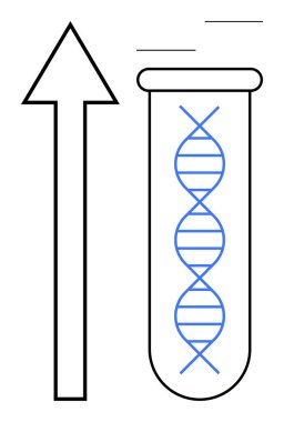 Bir test tüpünün içindeki DNA ipliği yukarı doğru bir ok ile birlikte genetik ilerlemeyi, bilimsel ilerlemeyi, araştırma yeniliklerini, biyoteknolojiyi, tıbbi büyümeyi, eğitim projelerini, yaşam bilimini sembolize eder.