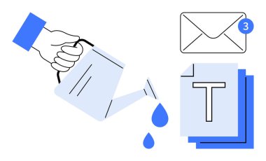 Elle sulanan belgeler, e-posta tebligatıyla beslenme fikirlerini sembolize ediyor. Üretkenlik, iletişim, içerik oluşturma, dijital büyüme, bilgi paylaşımı, işbirliği ve basit