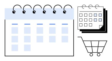 Altı çizili günleri olan spiral takvim, üst üste binen çizelgeler ve alışveriş arabası simgesi. Planlama, programlama, hatırlatıcı, e-ticaret, organizasyon, basit alışveriş dairesi için ideal