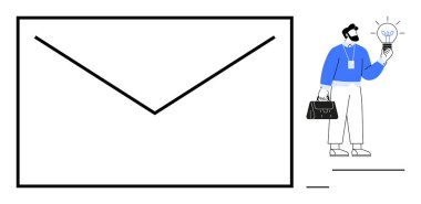 Büyük bir zarfın yanında ampulü elinde tutan bir iş adamı yenilik, iletişim ve takım çalışması taşır. Girişimcilik, e-posta, yaratıcılık, iş stratejisi, işbirliği için ideal