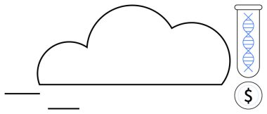Bulut, bir test tüpü ve bir dolar ikonundaki DNA sarmalına bağlı. Genetik, veri bilimi, teknoloji, yenilik, biyoenformatik, ekonomi, bulut depolama için ideal. Basit düz metafor
