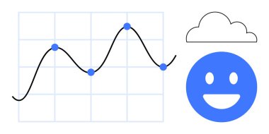 Mavi noktalı siyah çizgi grafiği, mavi mutlu yüz ve bulutun yanında. Analiz için ideal, iş büyümesi, pozitiflik, tahmin, ruh hali izleme, strateji planlaması, basit iniş sayfası