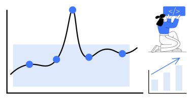 Mavi noktalı çizelge, eğri çizgi, karakter geliştirme etiketi, yukarı doğru oklu çubuk grafik. Analiz, teknoloji, kodlama, eğitim, büyüme planlama için ideal