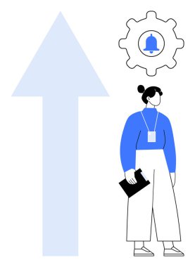 Elinde büyük, yukarı doğru ok ve teçhizat taşıyan bir kadın, gelişmeyi, organizasyonu, gelişmeyi ve uyarıları simgeliyor. Strateji, liderlik, odaklanma ve planlama için ideal