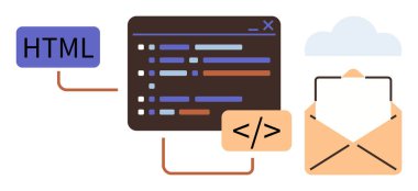HTML block linked to a coding interface and email envelope representing coding, programming, and communication workflows. Ideal for web development, email design, programming, digital systems, coding clipart svg vector 