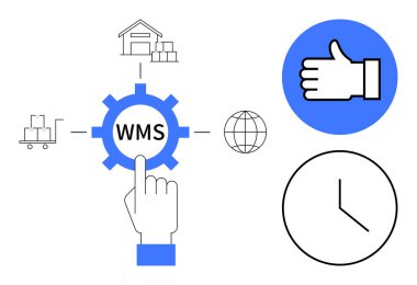 WMS, el seçimi, depo, tramvay, dünya, baş parmaklar yukarı ve saat. Lojistik için ideal, verimlilik depo yönetimi zamanı tedarik zinciri dijital araçları basit iniş sayfası