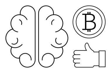 Beyin, Bitcoin sembolü ve olumlu jest kripto para birimini, karar verme mekanizmasını, farkındalığı, finansal analizi vurguluyor. Teknoloji, yenilik, finans eğitimi psikoloji engelleme zinciri için ideal