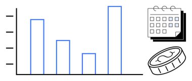 İlerlemeyi gösteren bar çizelgesi, zenginliği sembolize eden bozuk para yığını ve zaman çizelgesi. Finans, analitik, planlama, zaman yönetimi, bütçe belirleme, ilerleme izleme ve ekonomi için ideal