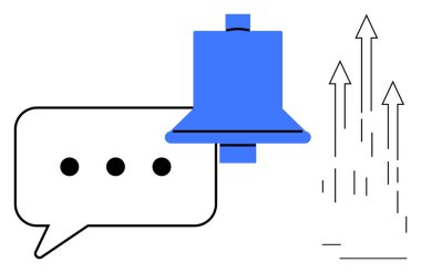 Üç noktalı konuşma balonu, mavi uyarı zili ve yukarı doğru oklar iletişimi, büyümeyi, güncellemeleri, ilerlemeyi simgeliyor. İdeal mesajlaşma, uyarılar, verimlilik hedeflerini hatırlatma, başarı