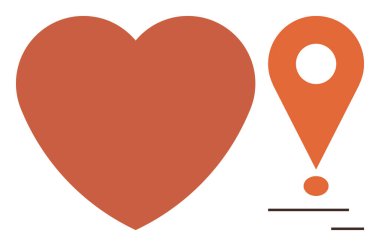 Kalp şekli ve konum belirleyici minimalist çizgilerle birleşerek duygu ve yönü birleştirir. Aşk, seyahat, ilişkiler, ilgi, bağlantı, rehberlik kavramları için ideal, basit düz metafor