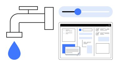Musluk bırakılıyor, ayarlanabilir kaydırıcı, gereçlerle gösterge paneli düzeni. İş akışı optimizasyonu, kaynak tahsisi, verimlilik izleme, veri görselleştirme, karar verme, sistem denetimi için ideal