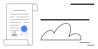 İmzalı resmi sertifika, özgünlük rozeti, ve bulut simgesi, dijital kimlik ve bulut deposunu temsil ediyor. Eğitim, güvenlik, başarı, teknoloji ve güven için ideal