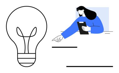 Masasında panosu olan bir kadın büyük ampul resimlerine bakıyor. Yenilik, yaratıcılık, takım çalışması, problem çözme, beyin fırtınası, üretkenlik, basit iniş sayfası için ideal