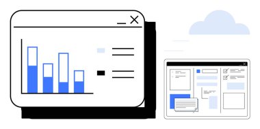 Bar çizelgesi analizi ve görev yönetimi elemanlarıyla kullanıcı arayüzü, bulut arkaplanı. Veri analizi, proje yönetimi, uzaktan çalışma, üretkenlik, bulut hesaplama, kaynak izleme için ideal