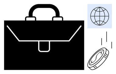 Siyah evrak çantası, madeni para ve iş, iş, yatırım ve küresel ticareti simgeleyen küresel simge. Finans, ekonomi, ticaret profesyonelliği için ideal girişimcilik seyahat küresel işbirliği