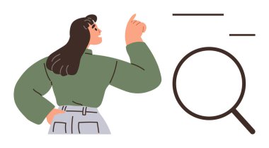 Bir kadın, arama, araştırma ve keşfi temsil eden bir büyüteç yanında yukarı işaret ediyor. Analiz, keşif, problem çözme, yön belirleme süreci için ideal. Basit düz