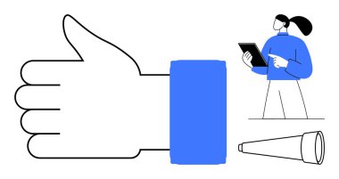 Baş parmak hareketi, tabletli kadın ve teleskop başarıyı ve ileriyi düşünmeyi çağrıştırıyor. Takım çalışması, hedef belirleme, onay, başarı, odaklanma, keşif için ideal basit iniş sayfası