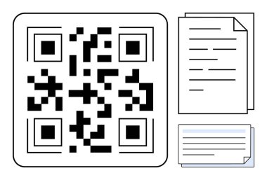 Dijital veri, organizasyon ve paylaşım ileten dosya ve not kartlarının yanında QR kodu. Teknoloji, iletişim, belge yönetimi, veri transferi, ağ oluşturma ve e-ticaret için ideal