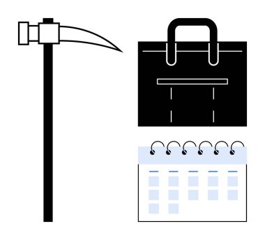 Kazma emek, ofis işleri için evrak çantası ve görev planlama takvimini sembolize eder. Üretim, işletme, zaman yönetimi, iş gücü, kariyer geliştirme, proje planlama işyeri için ideal