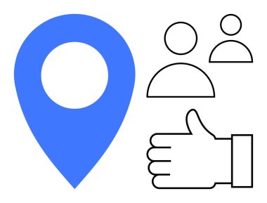 Mavi lokasyon rozeti, baş parmak işareti ve kullanıcı simgeleri takım çalışmasını, geri bildirimi, konum tabanlı hizmetleri teşvik eder. İş birliği, ağ oluşturma, müşteri hizmetleri, iş stratejisini gözden geçirmek için ideal