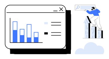 Ölçülebilir verilerin olduğu bir pencerede çubuk çizelgesi, gökdelenlerde arama yapan kişi ve büyüme temalı görsel. Teknoloji, analitik, araştırma, başarı, strateji, gelişim için ideal basit düz metafor