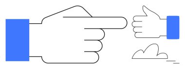 Büyük işaret eden el, baş parmak hareketi, hareket çizgileri, ve bulutlar onayı, yönü, hareketi vurguluyor. İletişim, geri bildirim, onay süreci navigasyon netlik dinamik eylem için ideal