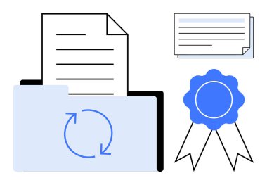 Dosya güncellemesini gösteren oklu klasör, belgeleri temsil eden kağıt kağıdı ve sertifika rozeti. Belgelendirme, iş akışı, üretkenlik, başarı, kalite, uyum için ideal basit