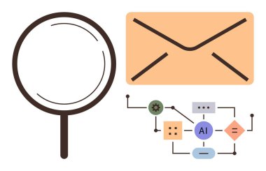 Büyüteç, zarf ve yapay zeka akış şeması iletişimi, problem çözme ve teknoloji odaklı karar verme mekanizması. Analiz için ideal, yapay zeka, dijital iletişim, yenilik teknolojisi