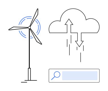 Rüzgar türbini enerji üretiyor, oklarla bulut veri alışverişini ve arama çubuğu arayüzünü sembolize ediyor. Yenilenebilir enerji, sürdürülebilirlik, eko-teknoloji, yenilik, bulut hesaplama, dijital