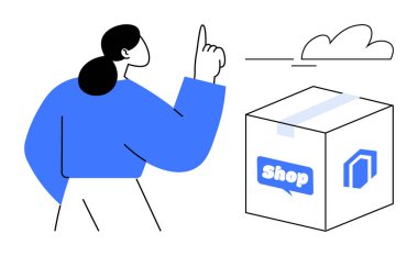 Kadın bir buluta ve damgalı bir kutuya doğru hareket ediyor, teslimatı, çevrimiçi alışverişi, e-ticareti, lojistiği ve teknolojik bütünleşmeyi simgeliyor. Perakende, nakliye, yenilik, gelecekteki bulut deposu için ideal