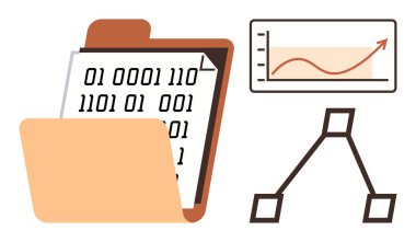 Binary code displayed on document in folder alongside growth chart and flowchart structure. Ideal for data analysis, programming, file organization, business growth, coding, project management clipart svg vector 