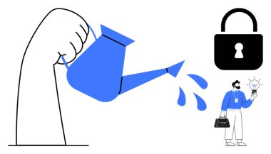 Sulama kabından su dökme, ampul tutan adam, asma kilit. Büyüme, yenilik, güvenlik, güven, iş stratejisi yaratıcılık kaynak yönetimi için idealdir. Basit düz metafor