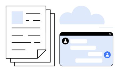 Belgeler yığını, bir bulut simgesi ve sohbet penceresi belge depolama, dosya paylaşma ve iletişimi temsil ediyor. İşbirliği, teknoloji, veri depolama, uzak çalışma uygulamaları, bulut hesaplama için ideal